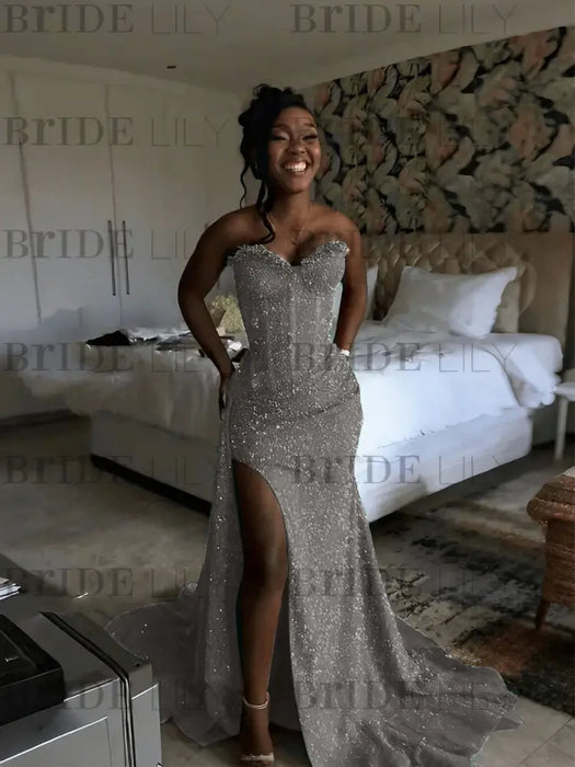 Grey Sparkly Strapless Mermaid Sequined Prom Dress with Slit