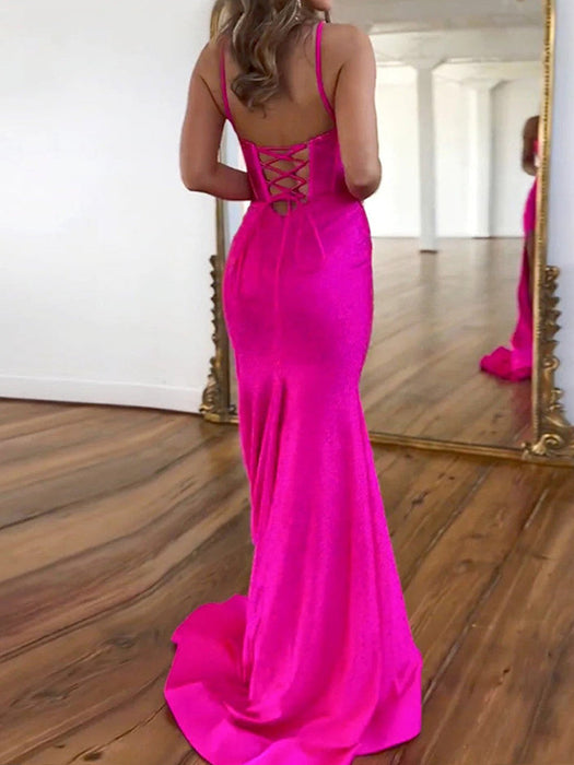 Spaghetti Straps Hot Pink Corset Shimmer Prom Dress Long with Slit