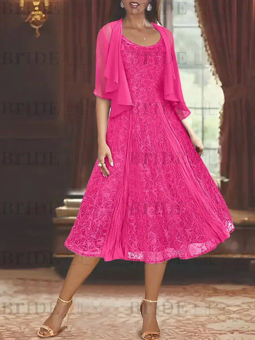Princess A-Line Tea-Length Mother of the Bride Dress with Scoop Neck Half Sleeves Appliques and Jacket