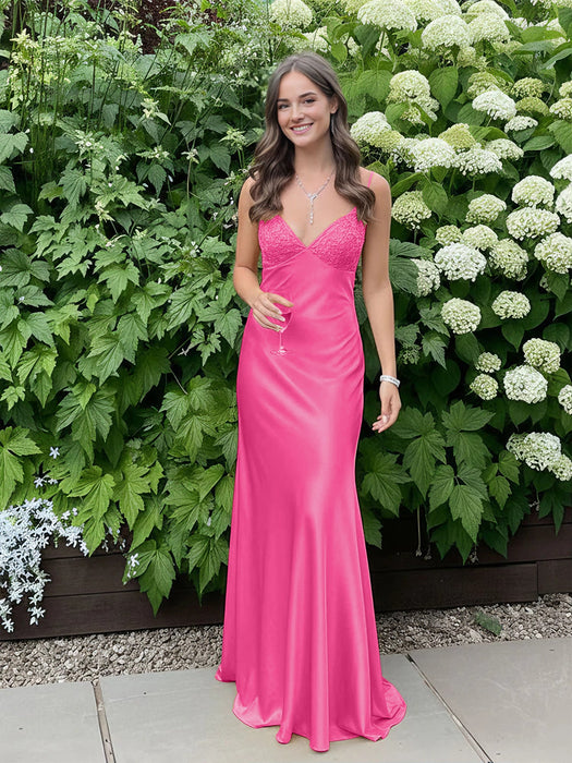 Hot Pink V-neck Beaded Satin A Line Prom Dress