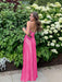 Hot Pink V-neck Beaded Satin A Line Prom Dress