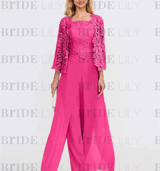 Floor-Length Square Neck Chiffon Mother of the Bride Pantsuit with Jacket & Side Split