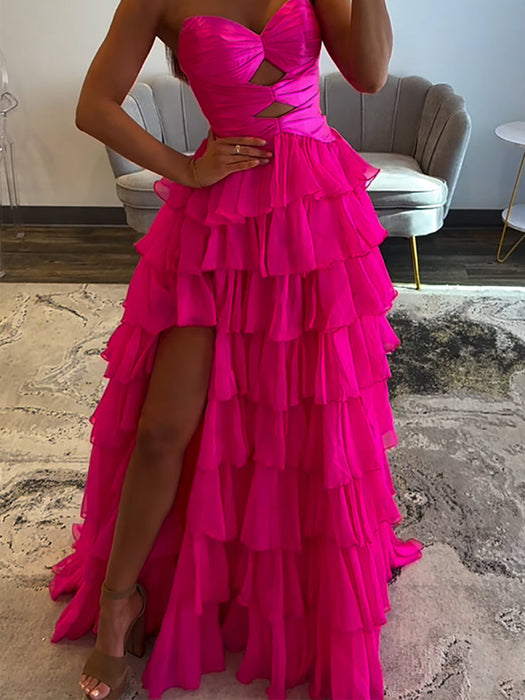 Hot Pink Strapless Tiered Ruffle Chiffon Prom Dress Long with Slit