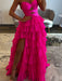 Hot Pink Strapless Tiered Ruffle Chiffon Prom Dress Long with Slit