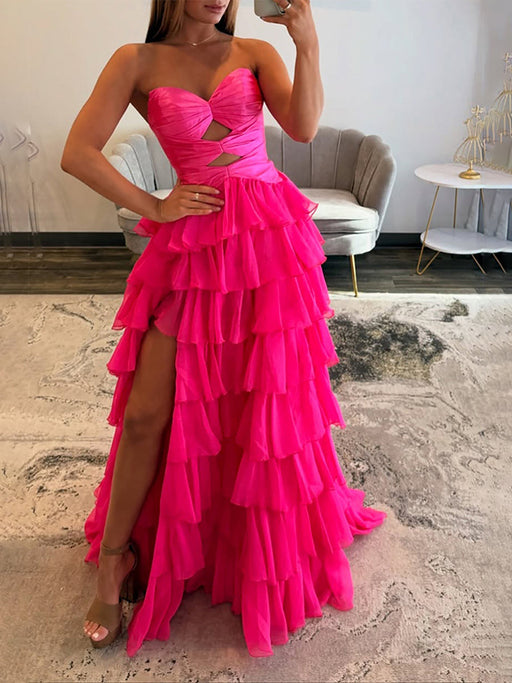 Hot Pink Strapless Tiered Ruffle Chiffon Prom Dress Long with Slit