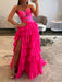 Hot Pink Strapless Tiered Ruffle Chiffon Prom Dress Long with Slit