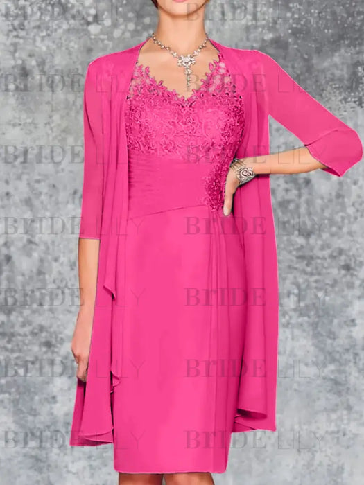 Hot Pink Knee-Length V-Neck Sheath/Column Mother of the Bride Dresses