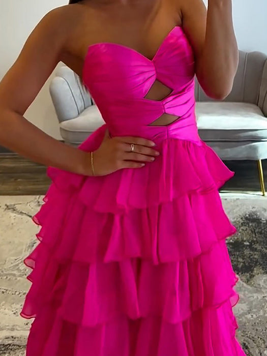Hot Pink Strapless Tiered Ruffle Chiffon Prom Dress Long with Slit