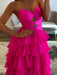 Hot Pink Strapless Tiered Ruffle Chiffon Prom Dress Long with Slit