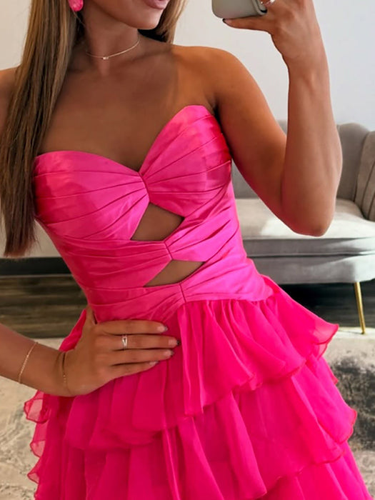 Hot Pink Strapless Tiered Ruffle Chiffon Prom Dress Long with Slit