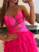 Hot Pink Strapless Tiered Ruffle Chiffon Prom Dress Long with Slit