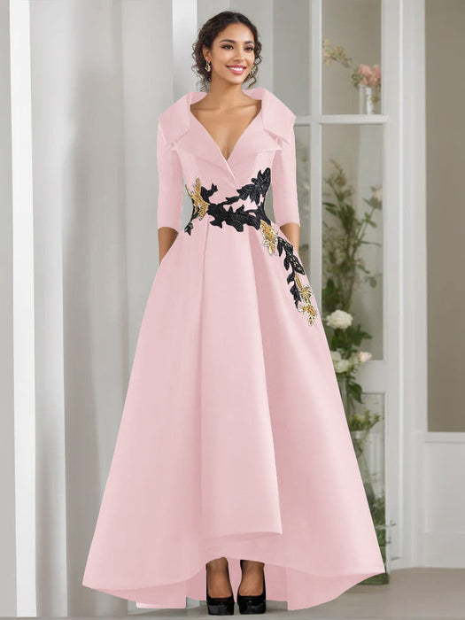 V-Neck A-Line Princess Floor-Length Mother of the Bride Dress with 3/4 Sleeves Appliques and Beading