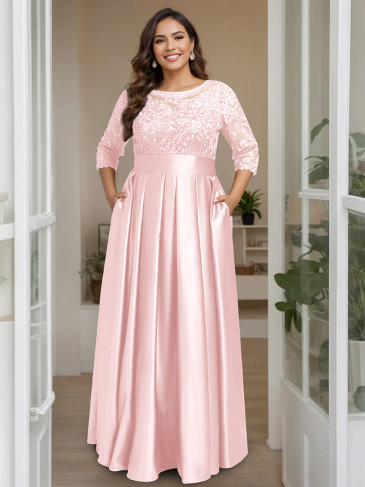 Pink Plus Size Floor-Length Mother of the Bride A-Line Dress with 3/4 Sleeves Scoop Neck Bow & Sequins
