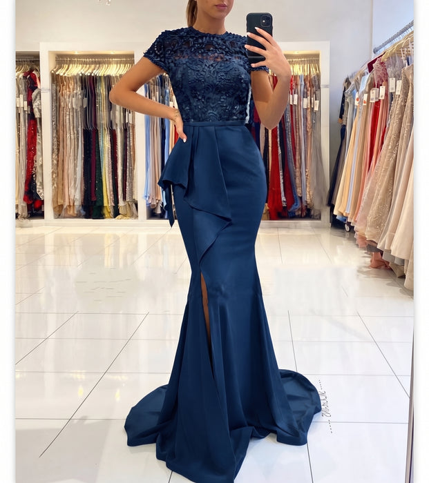 Ink Blue Short Sleeve Lace Mermaid Prom Dress with Slit