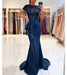 Ink Blue Short Sleeve Lace Mermaid Prom Dress with Slit