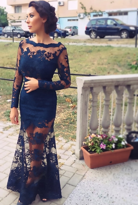 Ink Blue Trumpet/Mermaid Bateau Long Sleeves Applique Lace Dresses - Prom Dresses