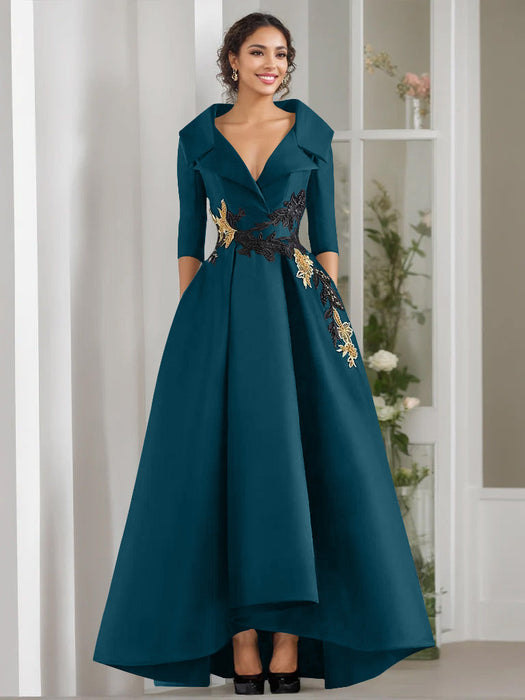 V-Neck A-Line Princess Floor-Length Mother of the Bride Dress with 3/4 Sleeves Appliques and Beading