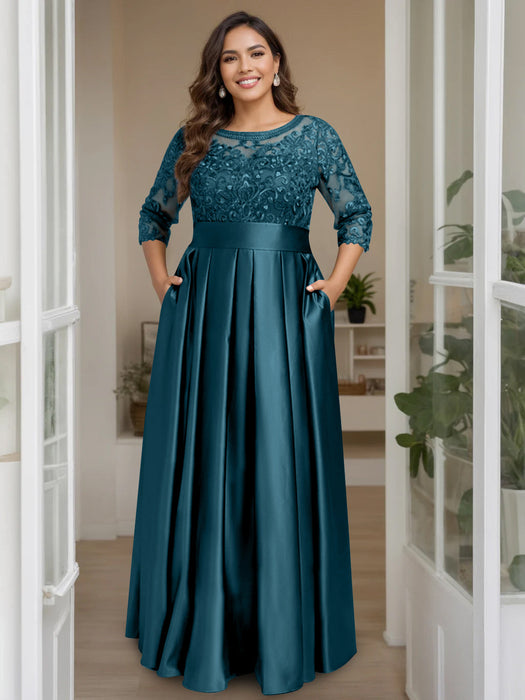Ink Blue Plus Size Floor-Length Mother of the Bride A-Line Dress with 3/4 Sleeves Scoop Neck Bow & Sequins