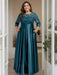 Ink Blue Plus Size Floor-Length Mother of the Bride A-Line Dress with 3/4 Sleeves Scoop Neck Bow & Sequins