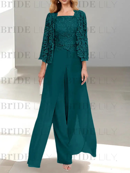 Floor-Length Square Neck Chiffon Mother of the Bride Pantsuit with Jacket & Side Split