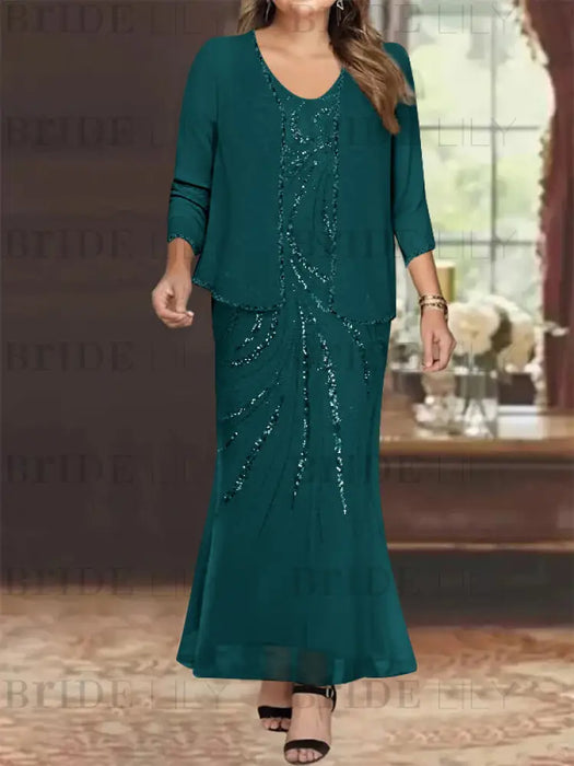 Plus Size V-Neck Ankle-Length Sheath/Column Mother of the Bride Dresses with Sequins & Jacket