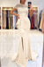 Ivory Short Sleeve Lace Mermaid Prom Dress with Slit
