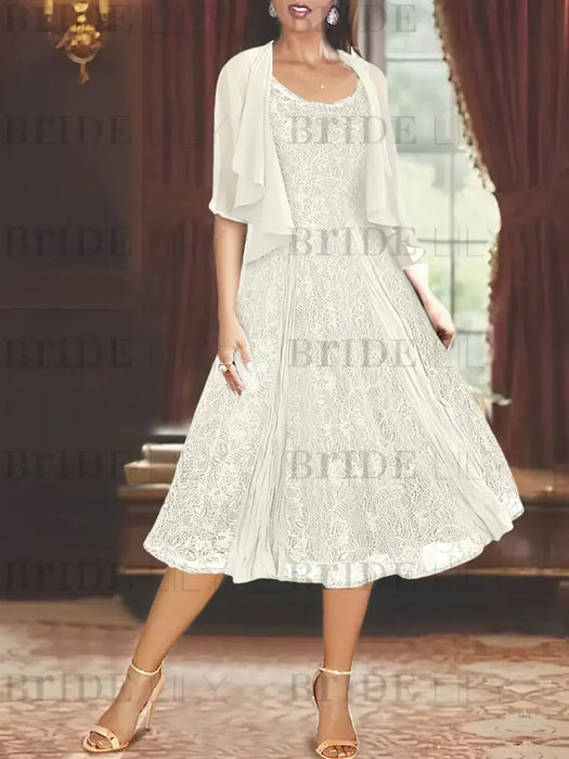 Princess A-Line Tea-Length Mother of the Bride Dress with Scoop Neck Half Sleeves Appliques and Jacket