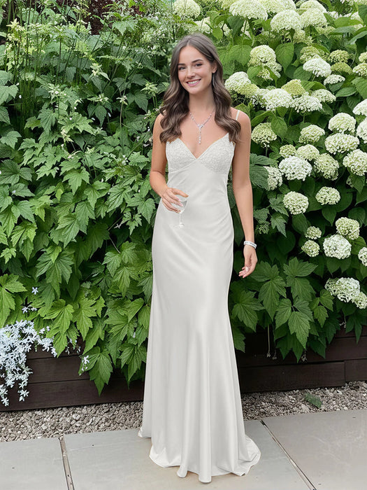 Ivory V-neck Beaded Satin A Line Prom Dress