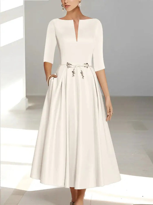 Ivory Ankle-Length Mother of the Bride A-Line Dress with Half Sleeves and Pockets