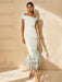 Unique Off-the-Shoulder Tea-Length Mother of the Bride Dress with Short Sleeves and Feathers