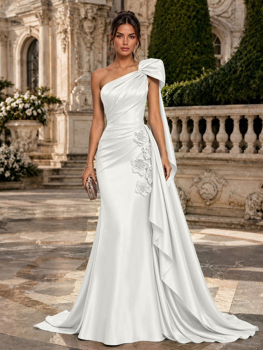 Ivory One Shoulder Satin Mermaid Evening Dresses with 3D Flowers
