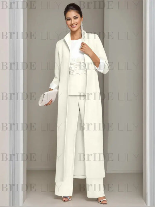 Ankle-Length Mother of the Bride Pantsuits in 3 Pieces Featuring Square Neck Jacket & Lace Appliques