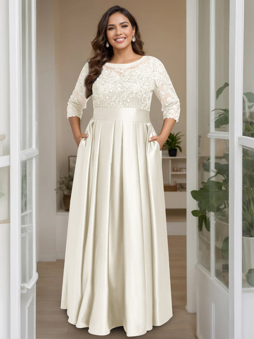 Ivory Plus Size Floor-Length Mother of the Bride A-Line Dress with 3/4 Sleeves Scoop Neck Bow & Sequins