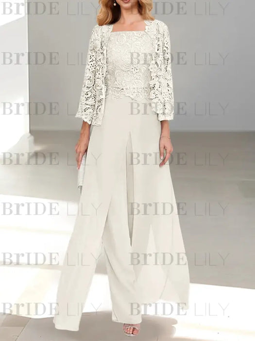 Floor-Length Square Neck Chiffon Mother of the Bride Pantsuit with Jacket & Side Split