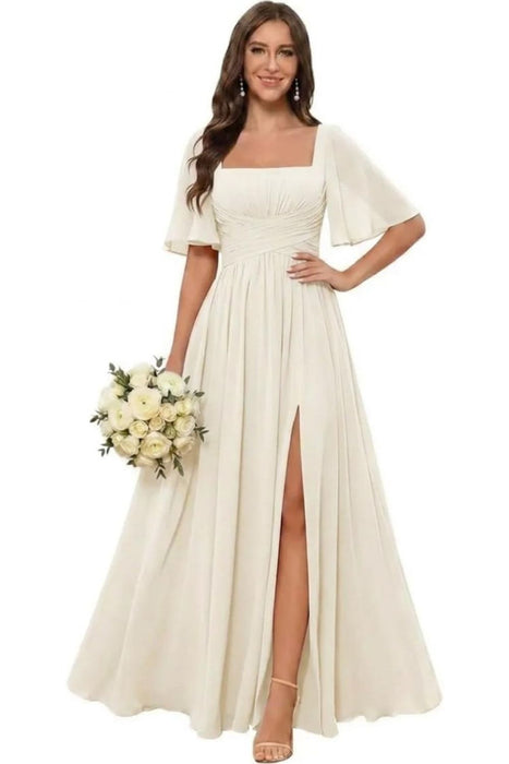 Square Neck Ruffle Sleeve Chiffon Bridesmaid Dress with Slit