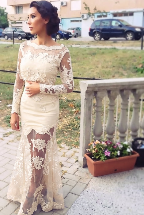 Ivory Trumpet/Mermaid Bateau Long Sleeves Applique Lace Dresses - Prom Dresses