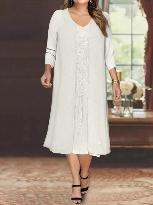 Ivory V-Neck Long-Sleeve Tea-Length Plus Size Mother of the Bride Dress with Jacket and Sequins