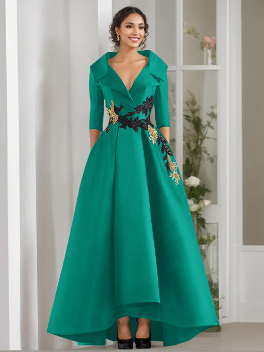 V-Neck A-Line Princess Floor-Length Mother of the Bride Dress with 3/4 Sleeves Appliques and Beading