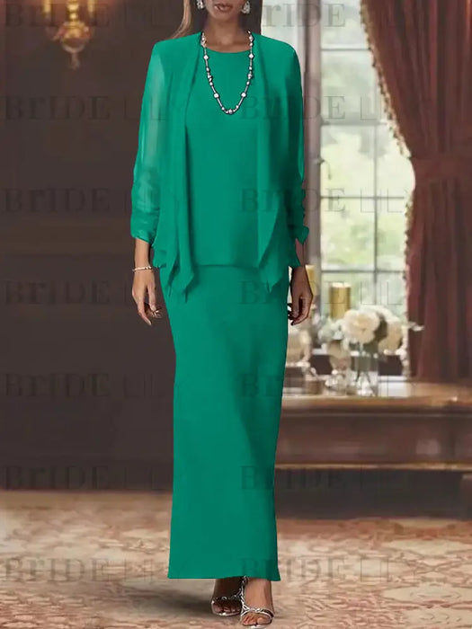 Floor-Length Scoop Neck Sheath Dress with Long Sleeves and Jacket for the Mother of the Bride