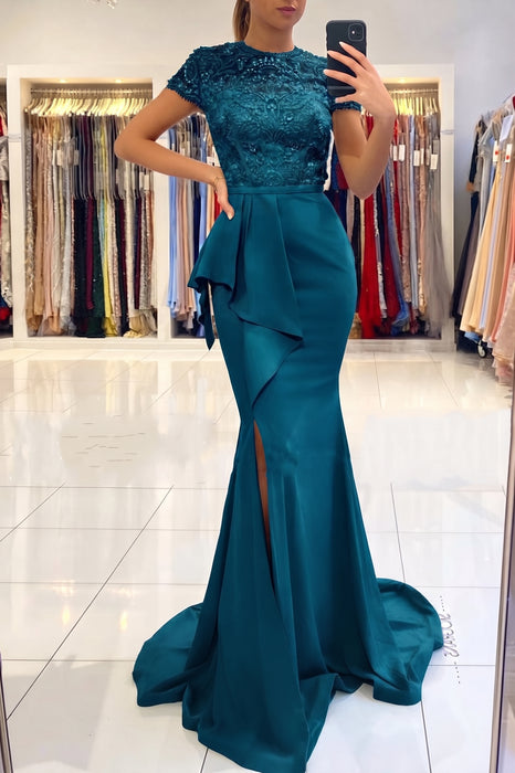 Jade Short Sleeve Lace Mermaid Prom Dress with Slit