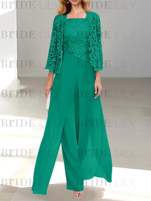 Floor-Length Square Neck Chiffon Mother of the Bride Pantsuit with Jacket & Side Split