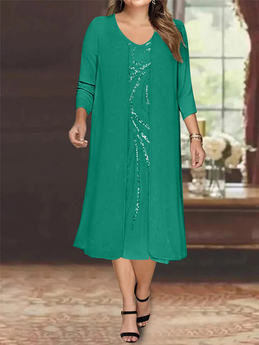 Jade V-Neck Long-Sleeve Tea-Length Plus Size Mother of the Bride Dress with Jacket and Sequins