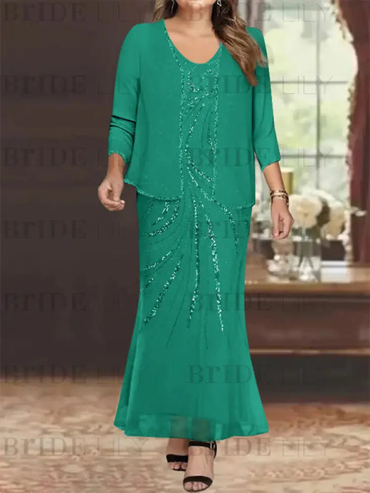 Plus Size V-Neck Ankle-Length Sheath/Column Mother of the Bride Dresses with Sequins & Jacket