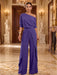 Purple One-Shoulder Jersey Evening Jumpsuit with Cascade Ruffles