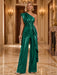 Peacock One Shoulder Pleated Sequin Wide Leg Evening Jumpsuit