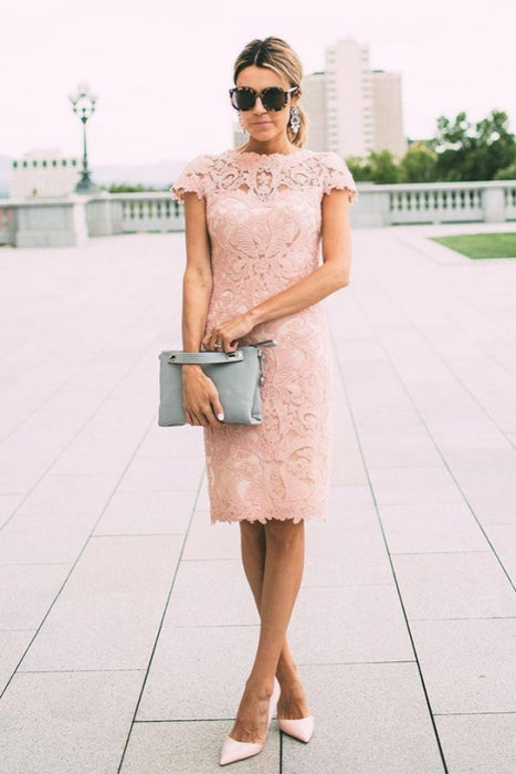 Lace Blush Pink Formal Dresses Knee Length Mother of the Bride Dress Cap Sleeves