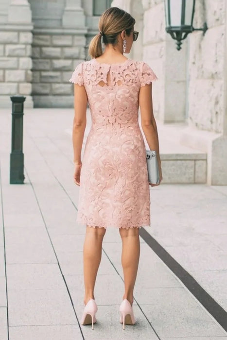 Lace Blush Pink Formal Dresses Knee Length Mother of the Bride Dress Cap Sleeves