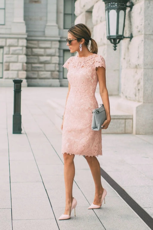 Lace Blush Pink Formal Dresses Knee Length Mother of the Bride Dress Cap Sleeves