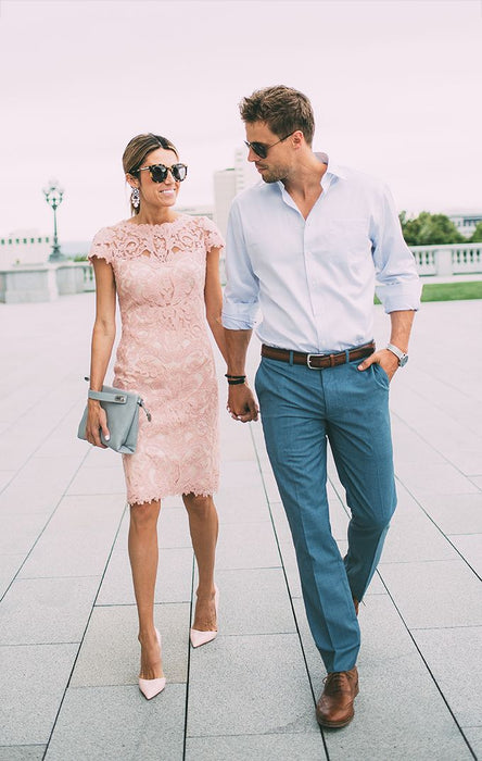 Lace Blush Pink Formal Dresses Knee Length Mother of the Bride Dress Cap Sleeves