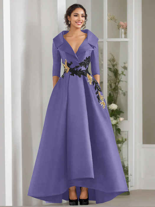 V-Neck A-Line Princess Floor-Length Mother of the Bride Dress with 3/4 Sleeves Appliques and Beading